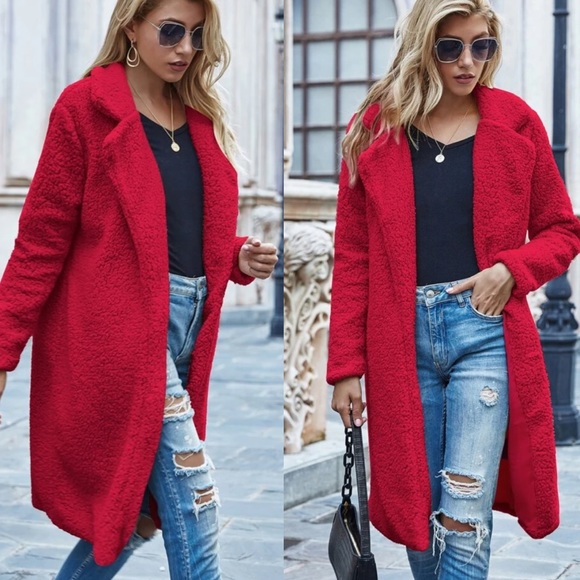 Red fur long teddy jacket coat fall trench coat - Picture 1 of 3